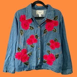 Vintage Embroidered Felt Rose Denim Jacket
